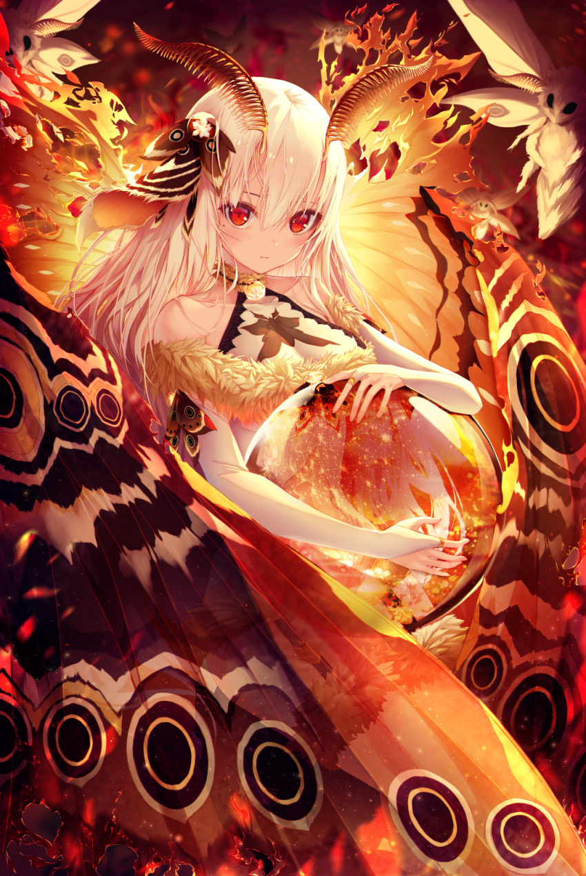 1girl, bridal_gauntlets, bug, fur_trim, h2o_(dfo), hair_ornament, highres, insect, insect_girl, long_hair, looking_at_viewer, moth, moth_ears, moth_wings, orb, original, red_eyes, see-through, solo, transparent_wings, white_hair, wings