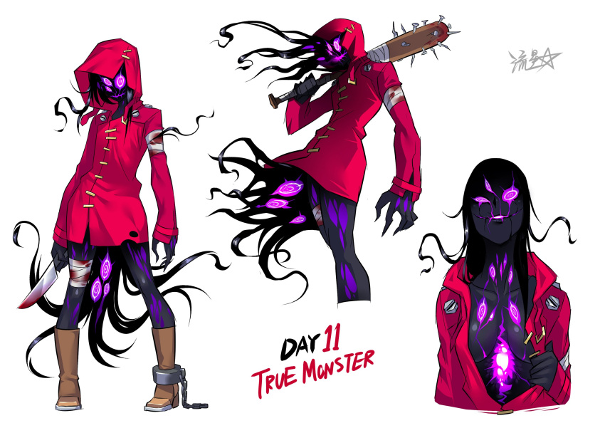 1girl, bandage, bandages, baseball_bat, black_hair, black_skin, blood, bloody_bandages