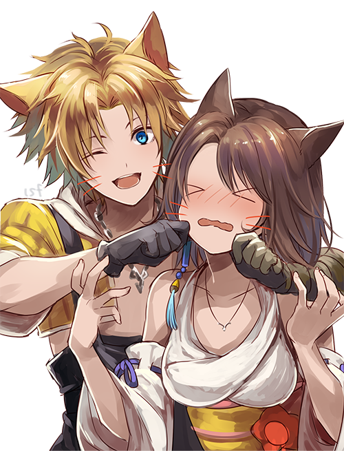 ><, 1boy, 1girl, blonde_hair, blue_eyes, brown_hair, commentary_request, detached_sleeves, final_fantasy, final_fantasy_x, japanese_clothes, jewelry, necklace, sasanomesi, short_hair, simple_background, tidus, white_background, yuna