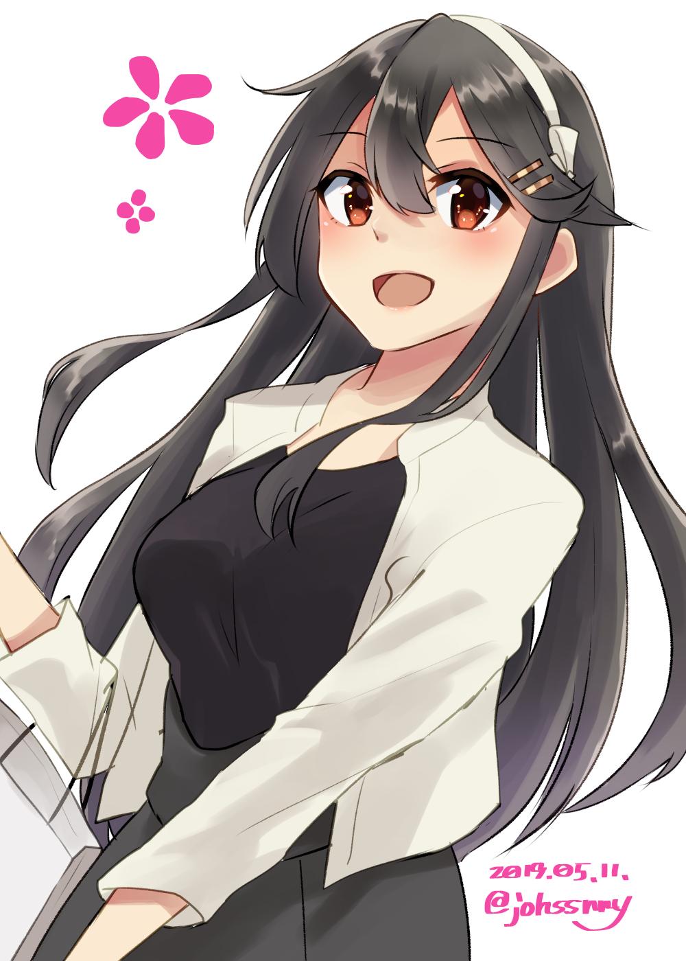 1girl, alternate_costume, black_hair, black_shirt, blazer, brown_eyes, cowboy_shot, dated