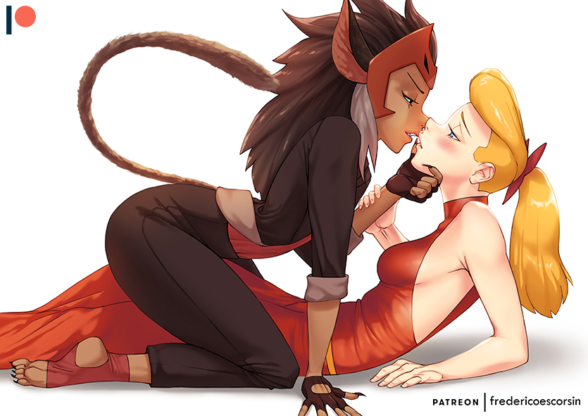 2girls, adora_(she-ra), animal_ears, arm_grab, arm_support, black_gloves, black_jacket, black_nails