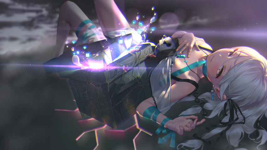 1girl, aqua_ribbon, aquamarine_(gemstone), bangs, black_ribbon, blush, breasts, closed_mouth