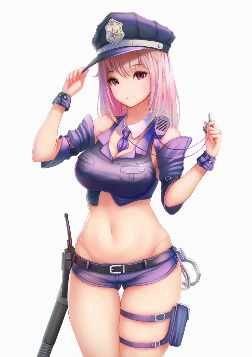 1girl, absurdres, adjusting_headwear, bangs, baton, between_breasts, blue_hair, blush, breasts, cowboy_shot, crop_top, detached_collar, detached_sleeves, dori_(pixiv_36360503), gun, handgun, hat, highres, holding_whistle, holstered_weapon, large_breasts, long_hair, looking_at_viewer, multicolored_hair, navel, necktie, necktie_between_breasts, original, pink_hair, police, police_uniform, policewoman, pouch, purple_crop_top, purple_neckwear, purple_shorts, radio, short_shorts, shorts, sidelocks, skindentation, smile, solo, stomach, thigh_strap, uniform, violet_eyes, weapon, wrist_cuffs