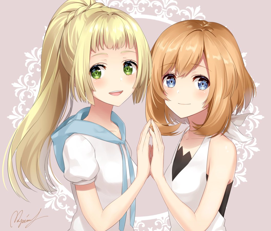 2girls, blue_eyes, blush, creatures_(company), game_freak, green_eyes, halter_top, halterneck, hand_up, high_ponytail, hood, hoodie, light_brown_hair, lillie_(pokemon), long_hair, looking_at_viewer, looking_to_the_side, mizuki_(pokemon), multiple_girls, nintendo, open_mouth, pink_background, pokemon, pokemon_(game), pokemon_sm, rupinesu, short_hair, signature, smile