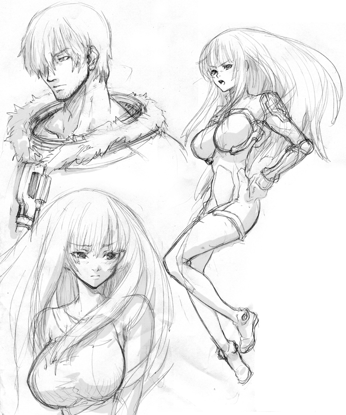 bodysuit, breasts, casual, dingo_egret, ken_marinaris, long_hair, monochrome, natsu_nichime