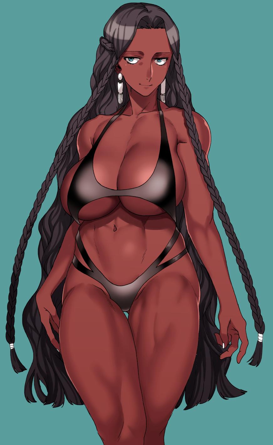 1girl, abs, bikini, black_bikini, black_swimsuit, blue_background, blue_eyes, braid, breasts, cleavage, dark_skin, earrings, fate/grand_order, fate_(series), forehead, genderswap, genderswap_(mtf), geronimo_(fate/grand_order), highres, jewelry, large_breasts, long_hair, looking_at_viewer, nail_polish, navel, rokkotsu, simple_background, smile, solo, swimsuit, very_long_hair, white_nails