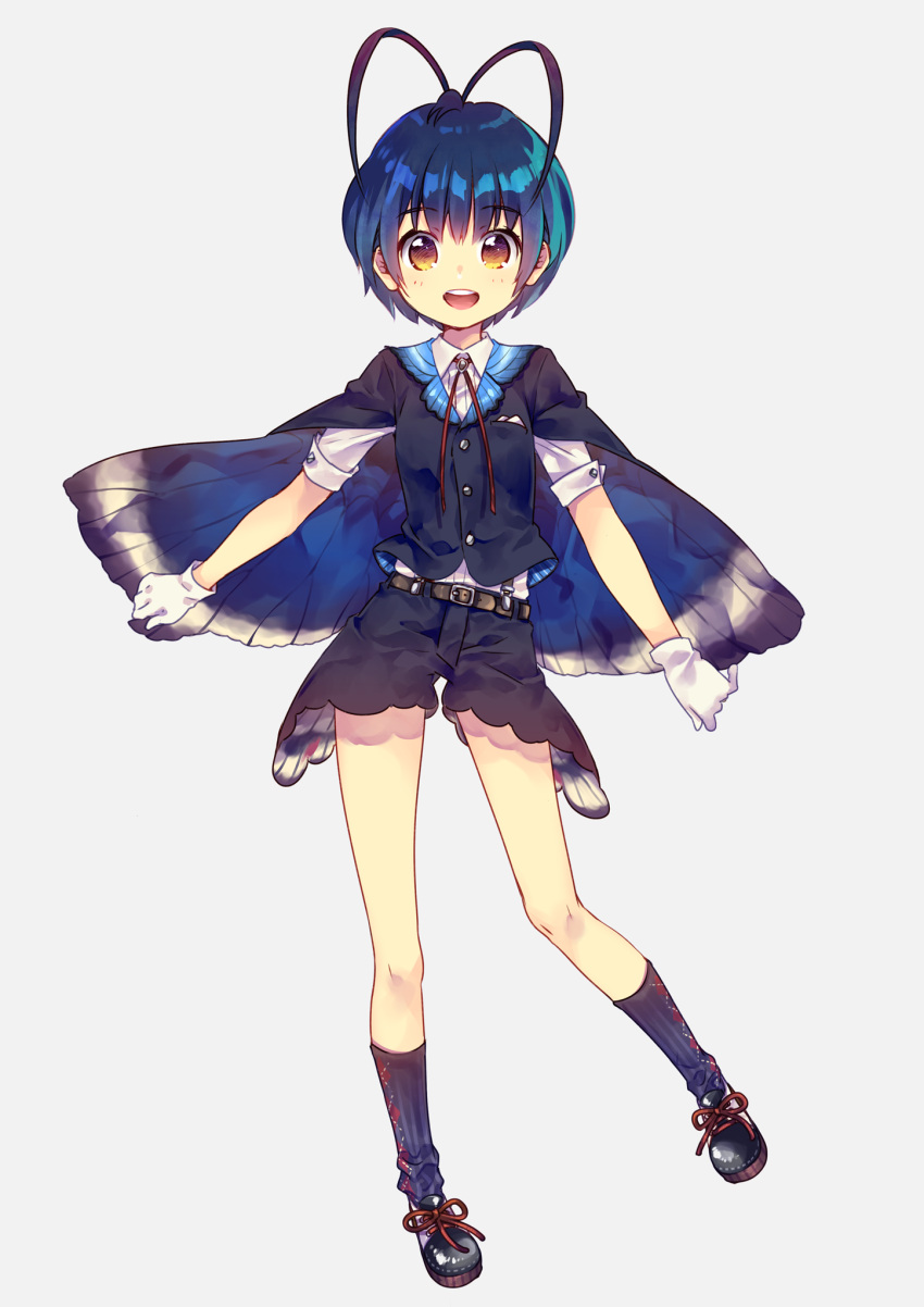 1boy, :d, antenna_hair, aoba_makoto, argyle, argyle_legwear, belt, black_footwear, black_shorts, blue_hair, blue_legwear, bolo_tie, butterfly_costume, cape, collared_shirt, commentary_request, ech, full_body, gloves, grey_background, highres, iriam, looking_at_viewer, male_focus, open_mouth, orange_eyes, red_neckwear, shirt, shoes, short_sleeves, shorts, simple_background, smile, socks, solo, virtual_youtuber, white_gloves