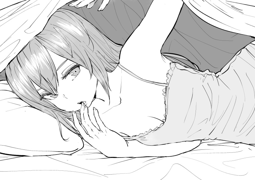 1girl, absurdres, arm_up, bed, breasts, cleavage, collarbone, commentary