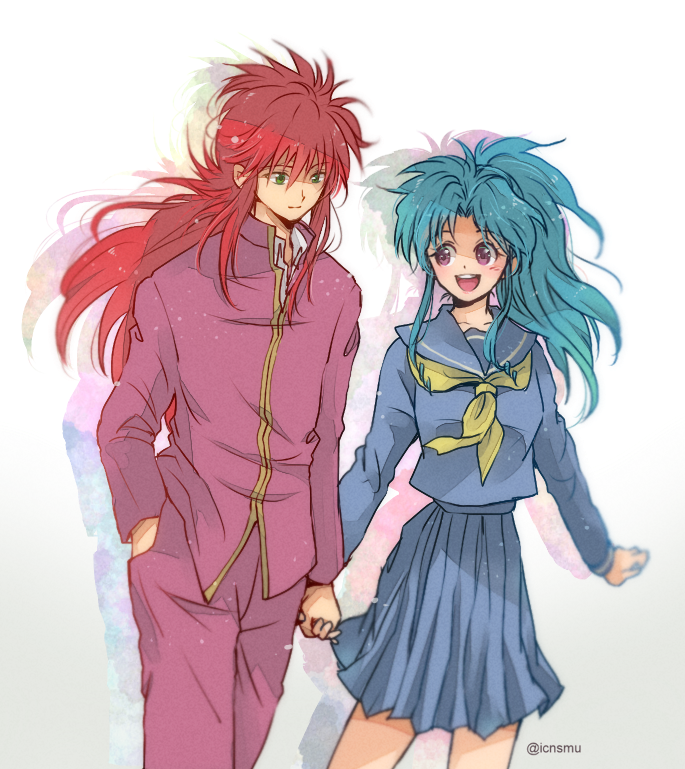 1boy, 1girl, blue_hair, blue_serafuku, blue_shirt, blue_skirt, blush, botan_(yuu_yuu_hakusho)