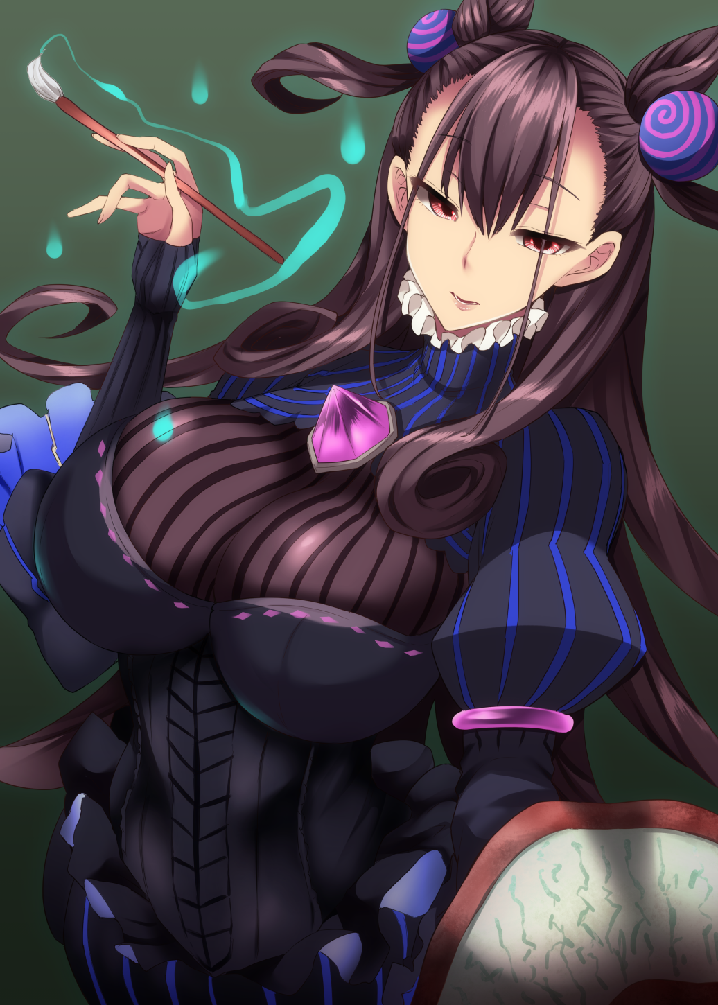 1girl, ayakase_riberi, bangs, black_dress, black_hair, breasts, calligraphy_brush, double_bun, dress, fate/grand_order, fate_(series), flower, gem, hair_between_eyes, hair_ornament, highres, holding, holding_umbrella, juliet_sleeves, large_breasts, long_hair, long_sleeves, looking_at_viewer, murasaki_shikibu_(fate), paintbrush, parted_lips, puffy_sleeves, red_eyes, sleeves_past_wrists, solo, two_side_up, umbrella, upper_body, wisteria