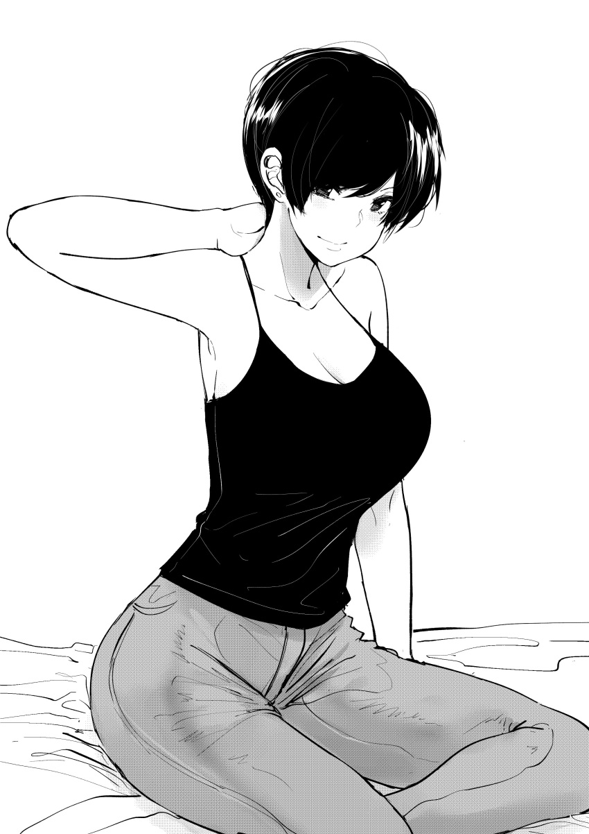 1girl, absurdres, breasts, cleavage, commentary, denim, english_commentary, greyscale