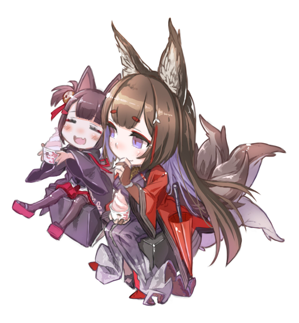 2girls, :d, ^_^, akagi-chan_(azur_lane), amagi_(azur_lane), animal_ears, azur_lane, bangs, bell, black_coat, black_footwear, black_gloves, black_legwear, blue_eyes, blunt_bangs, blush, bridal_gauntlets, brown_hair, closed_eyes, closed_eyes, coat, commentary_request, dress, fang, food, fox_ears, fox_tail, frozen_yogurt, geta, gloves, hair_bell, hair_ornament, hands_up, holding, holding_food, jingle_bell, long_hair, looking_at_another, multiple_girls, multiple_tails, open_mouth, pleated_skirt, red_coat, red_footwear, red_skirt, short_hair, sitting, skin_fang, skirt, smile, tail, thigh-highs, two_side_up, umbrella, white_dress, wide_sleeves, younger