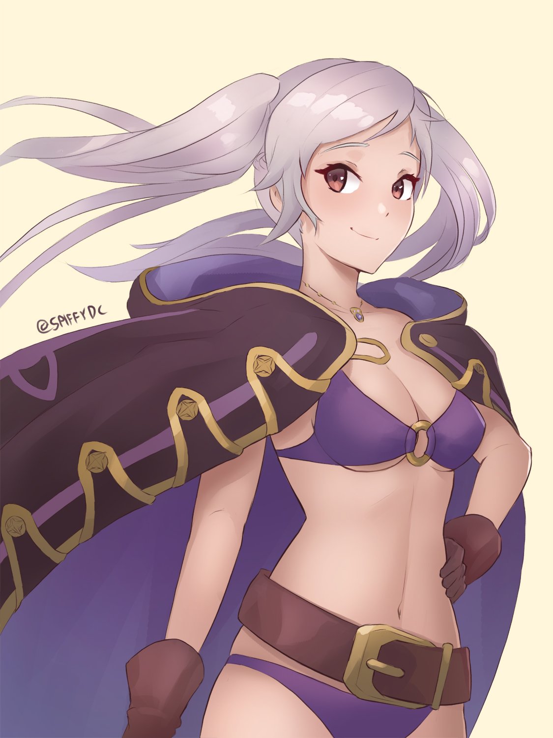 1girl, belt, bikini, breasts, brown_eyes, brown_gloves, cleavage, closed_mouth