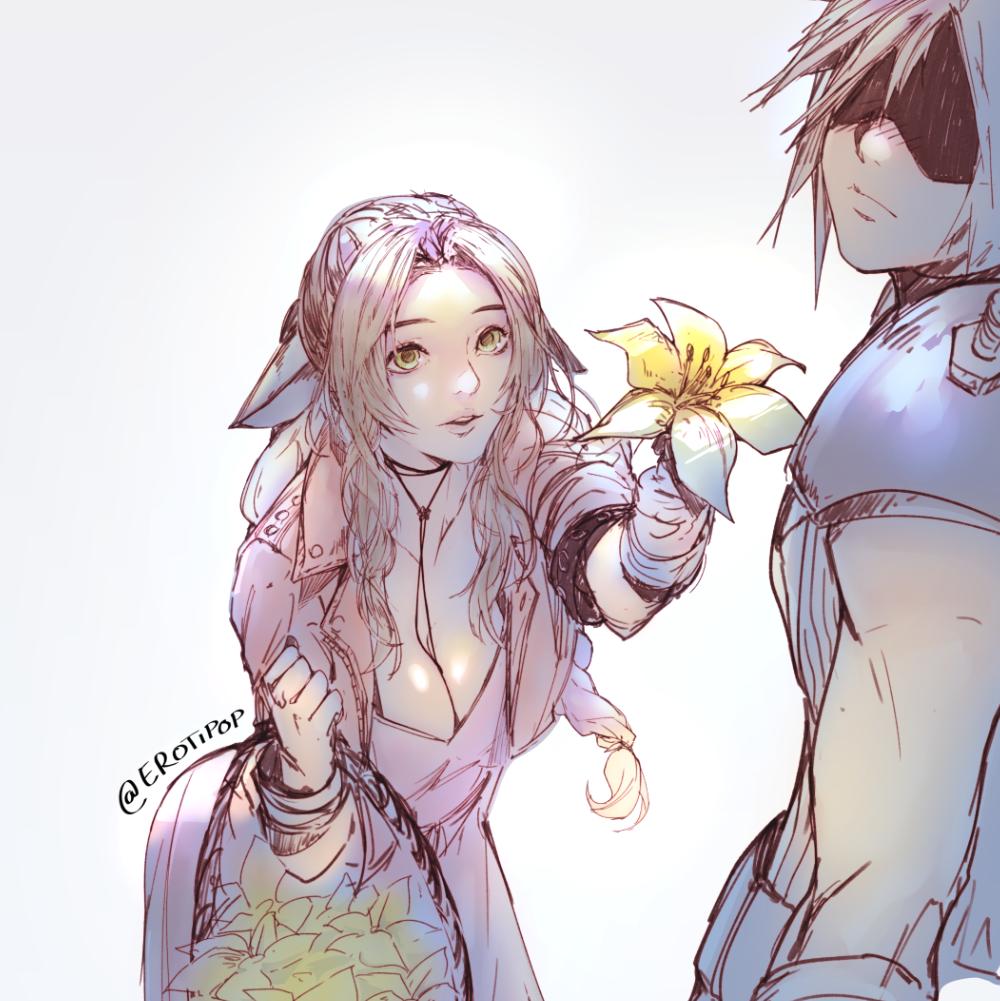 1boy, 1girl, aerith_gainsborough, bow, braid, breasts, brown_hair, cloud_strife