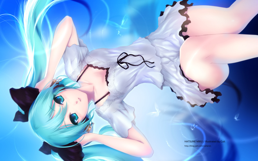 aqua_eyes, aqua_hair, cait, dress, hands_on_headphones, hatsune_miku, headphones, highres