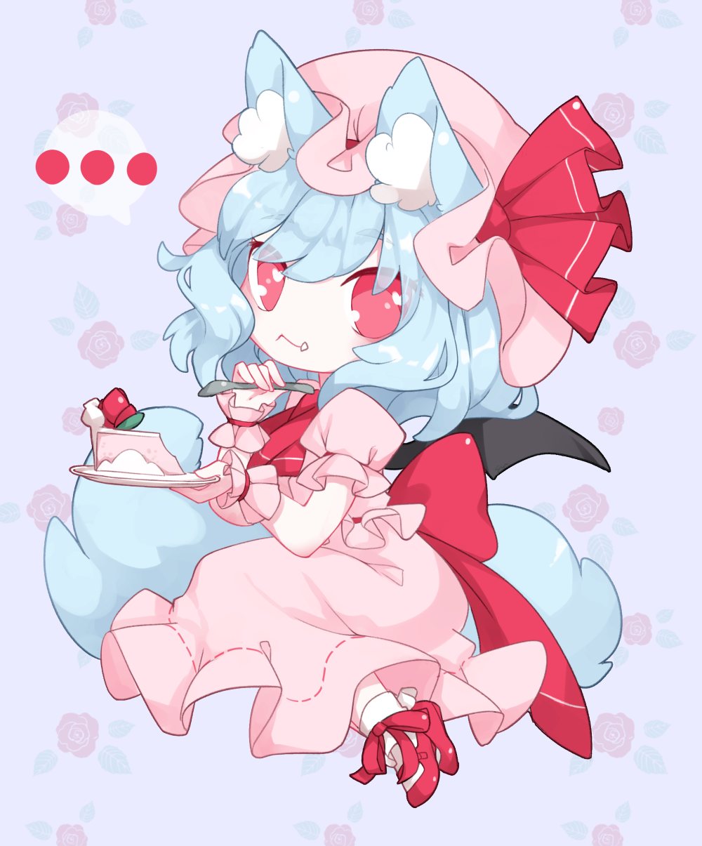 ..., 1girl, :3, animal_ear_fluff, animal_ears, bat_wings, blouse, blue_background, blue_hair, bobby_socks, cake, cat_ears, cat_tail, chibi, cravat, floral_background, flower, food, food_on_face, fork, hat, hat_ribbon, highres, holding, holding_fork, holding_plate, kemonomimi_mode, looking_at_viewer, mary_janes, mob_cap, patterned_background, pink_blouse, pink_headwear, pink_skirt, plate, red_eyes, red_flower, red_footwear, red_neckwear, red_rose, remilia_scarlet, ribbon, rose, shoes, short_hair, sitting, skirt, slice_of_cake, socks, solo, spamaroo, speech_bubble, spoken_ellipsis, tail, touhou, white_legwear, wings, wrist_cuffs, yokozuwari