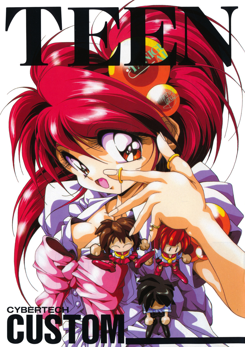 1girl, 90s, absurdres, artist_name, breasts, cleavage, copyright_name, hair_bobbles, hair_ornament, high_ponytail, highres, hirohiko_yanagi, holding, long_hair, looking_at_viewer, official_art, open_mouth, red_eyes, redhead, scan, teen_(game)