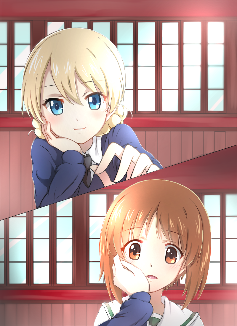 2girls, black_legwear, blonde_hair, blue_eyes, blush, brown_eyes, closed_mouth, darjeeling
