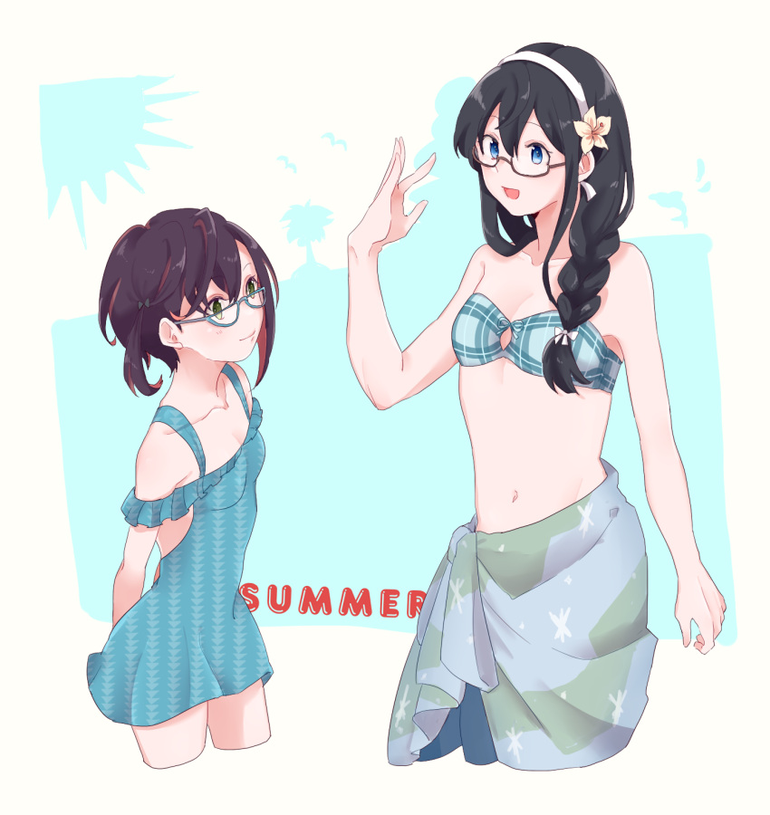 2girls, achii_adachi, aqua_bikini, arms_behind_back, bikini, black_hair, blue-framed_eyewear, blue_eyes
