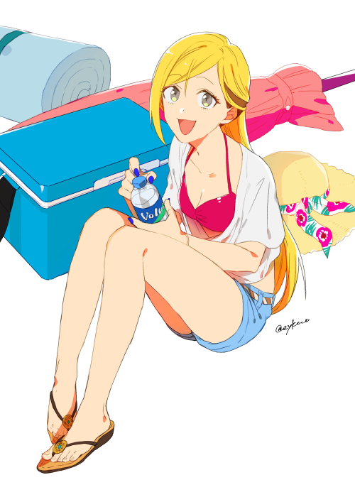 1girl, :d, bangs, belt, blonde_hair, blue_nails, blue_shorts, bottle