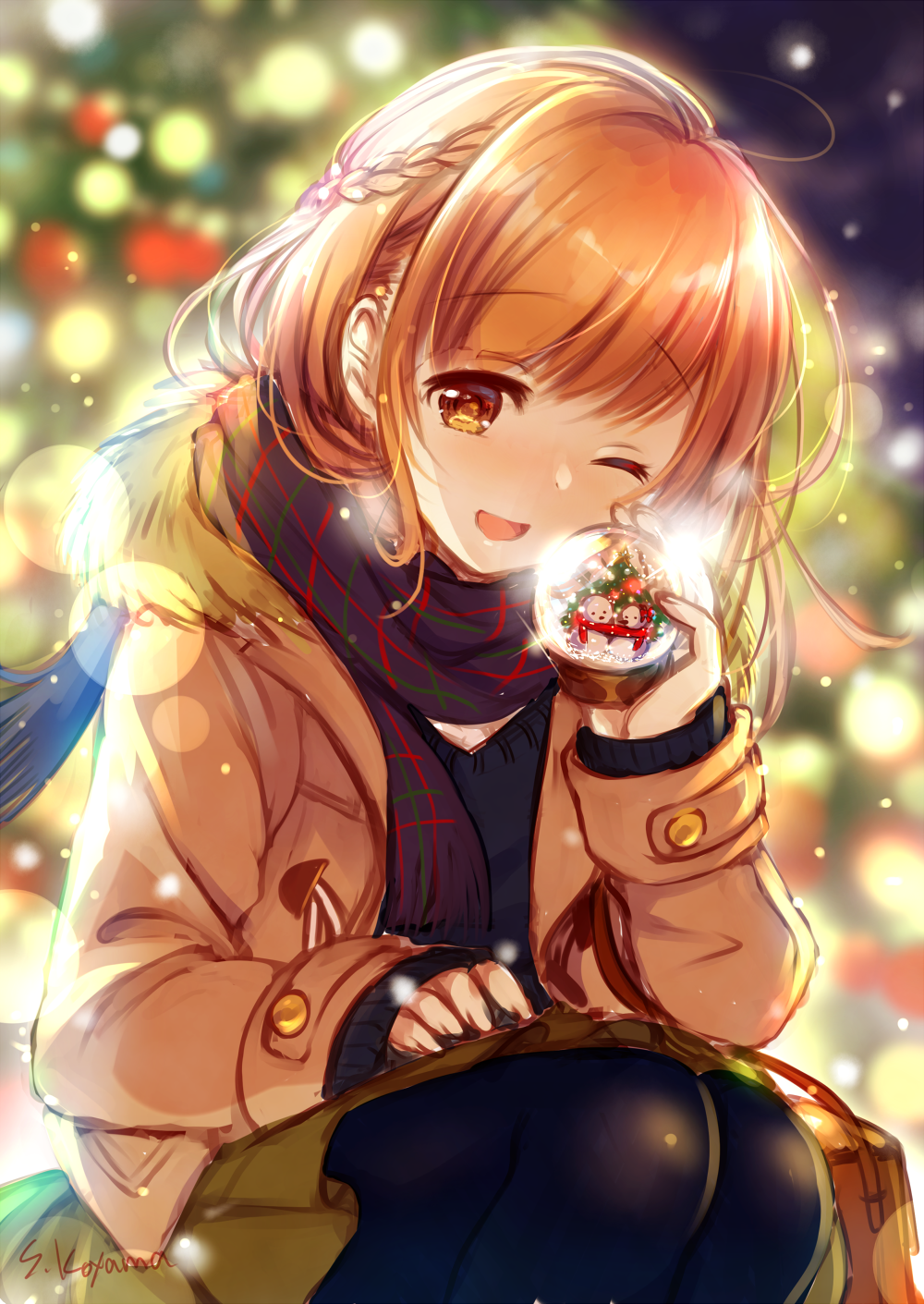 1girl, ;d, black_legwear, black_scarf, blurry_foreground, brown_coat, brown_eyes, brown_hair