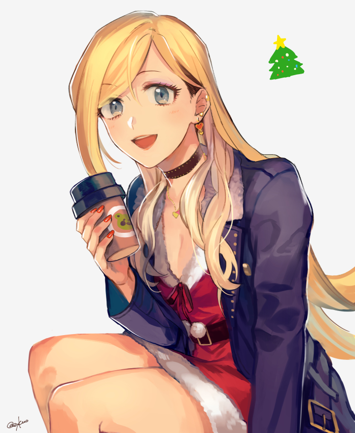 1girl, :d, bangs, belt, belt_buckle, black_jacket, blonde_hair, breasts