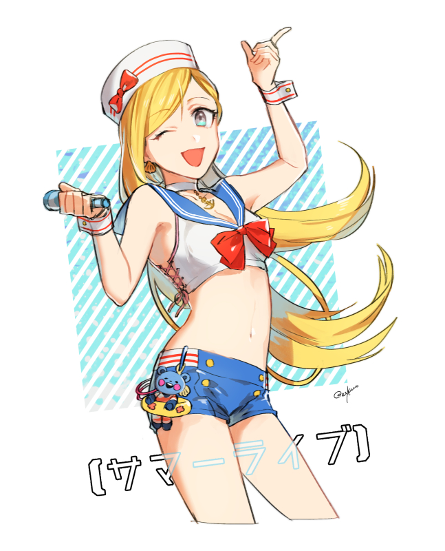 1girl, ;d, anchor_necklace, arm_up, bangs, blonde_hair, blue_sailor_collar, blue_shorts