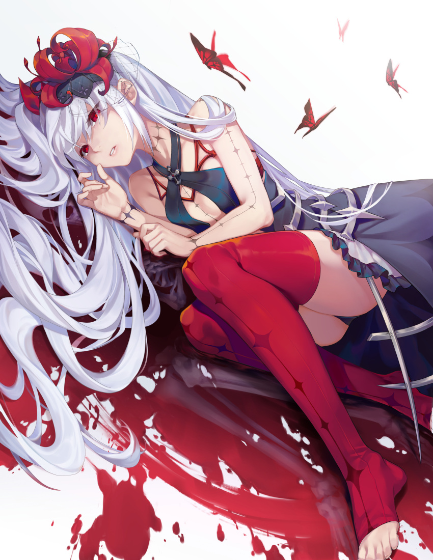 1girl, absurdres, bangs, bare_arms, bare_shoulders, black_panties, blood, blush, body_markings, breasts, bug, butterfly, cross, dress, expressionless, flower, hair_flower, hair_ornament, halterneck, highres, insect, jane_(king's_raid), king's_raid, long_hair, looking_at_viewer, lying, medium_breasts, on_side, panties, parted_bangs, parted_lips, pool_of_blood, red_eyes, red_flower, red_legwear, sidelocks, silver, silver_hair, solo, tarantulaines, thigh-highs, toeless_legwear, underwear, very_long_hair