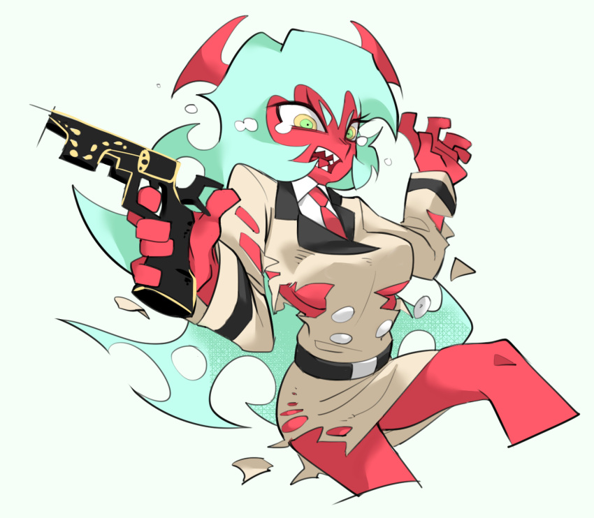 1girl, belt, chillarism, demon_girl, green_eyes, green_hair, gun, handgun