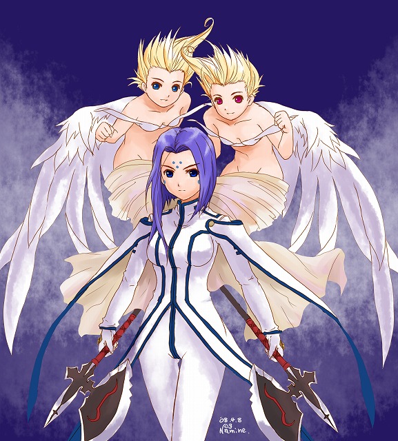 angel, angel_wings, asymmetrical_hair, axe, blonde_hair, blue_eyes, cool_mint, facial_mark