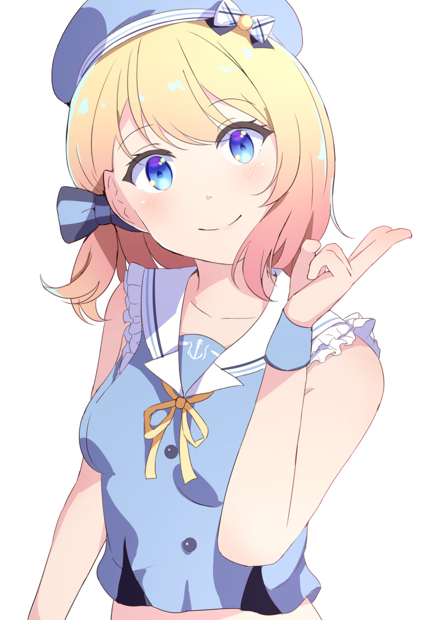 alternate_costume, azur_lane, bangs, beret, blonde_hair, blue_bow, blue_crop_top, blue_eyes, blue_headwear, blush, bow, breasts, collarbone, crop_top, eyebrows_visible_through_hair, frilled_crop_top, hair_between_eyes, hair_bow, hat, head_tilt, highres, looking_at_viewer, neck_ribbon, ponyaru, ribbon, sailor_collar, short_hair, simple_background, sleeveless_crop_top, small_breasts, smile, upper_body, v, white_background, yellow_neckwear, z23_(azur_lane)