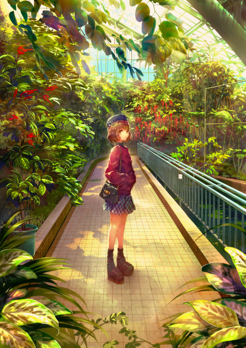 1girl, black_footwear, black_legwear, blue_bow, blue_headwear, botanical_garden, bow, brown_eyes