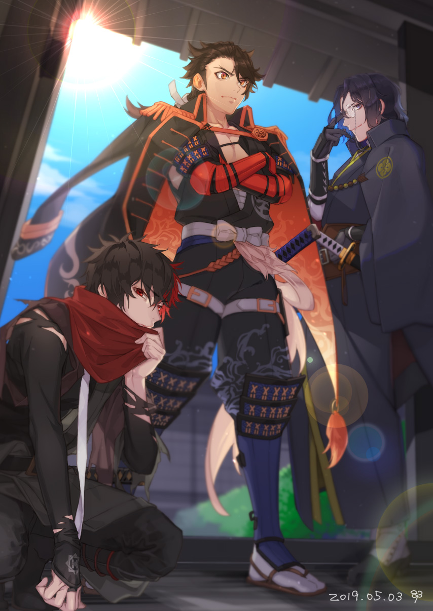 2019, 3boys, adjusting_eyewear, armor, belt, black_gloves, black_hair, bridal_gauntlets