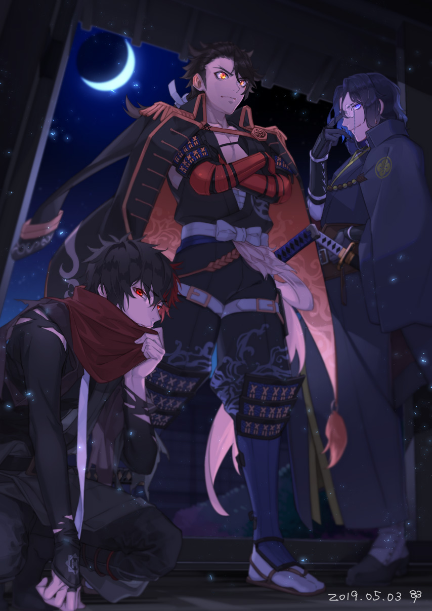 2019, 3boys, adjusting_eyewear, armor, belt, black_gloves, black_hair, blue_eyes