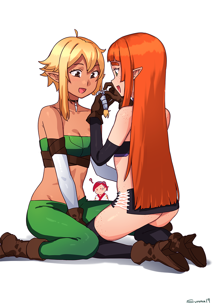 2girls, :d, ?, artist_name, bandeau, bangs, bare_shoulders, black_gloves