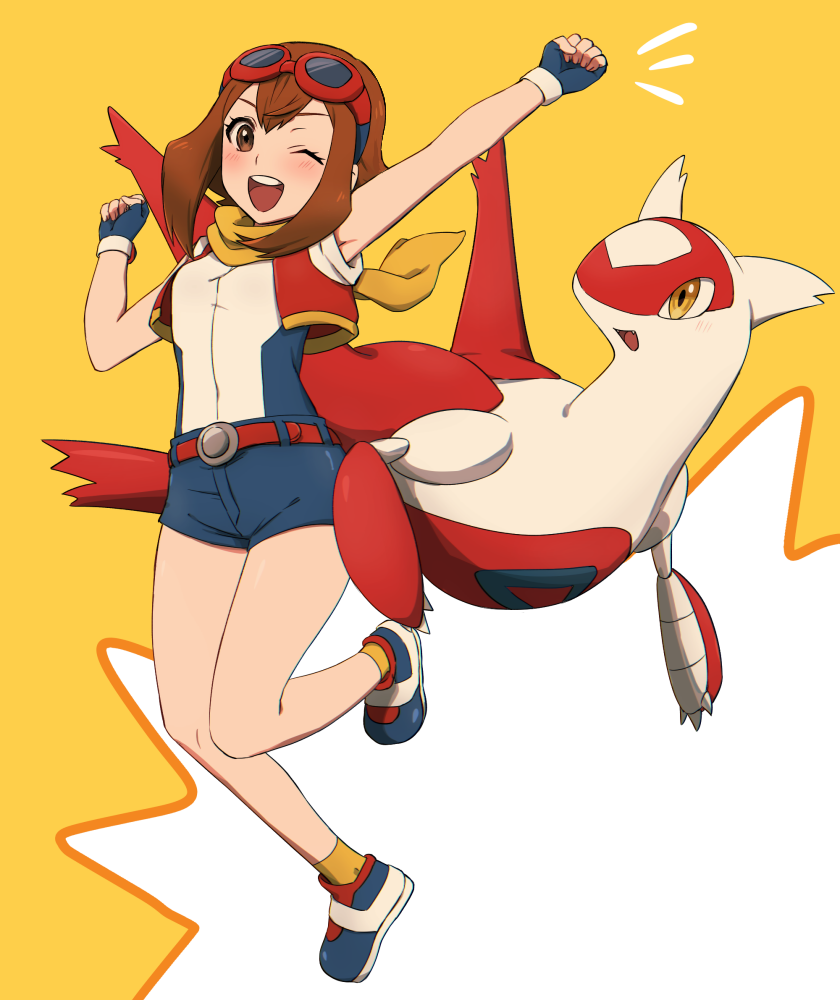1girl, ;d, belt, blue_shorts, blush, breasts, brown_hair, creature, creatures_(company), fangs, fingerless_gloves, flying, full_body, game_freak, gen_3_pokemon, gloves, goggles, happy, iruzu_(pixiv27236115), jumping, latias, legendary_pokemon, medium_hair, minami_(pokemon), nintendo, one_eye_closed, open_mouth, pokemon, pokemon_(creature), pokemon_(game), pokemon_ranger, pokemon_ranger_3, pokemon_ranger_uniform, shoes, short_shorts, shorts, sidelocks, simple_background, small_breasts, smile, uniform, yellow_background