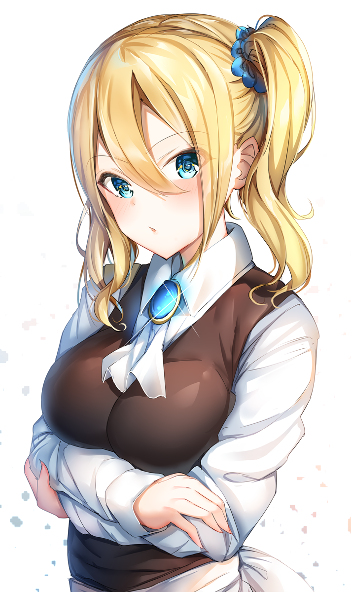 1girl, bangs, blonde_hair, blue_eyes, blush, breasts, brown_vest, closed_mouth