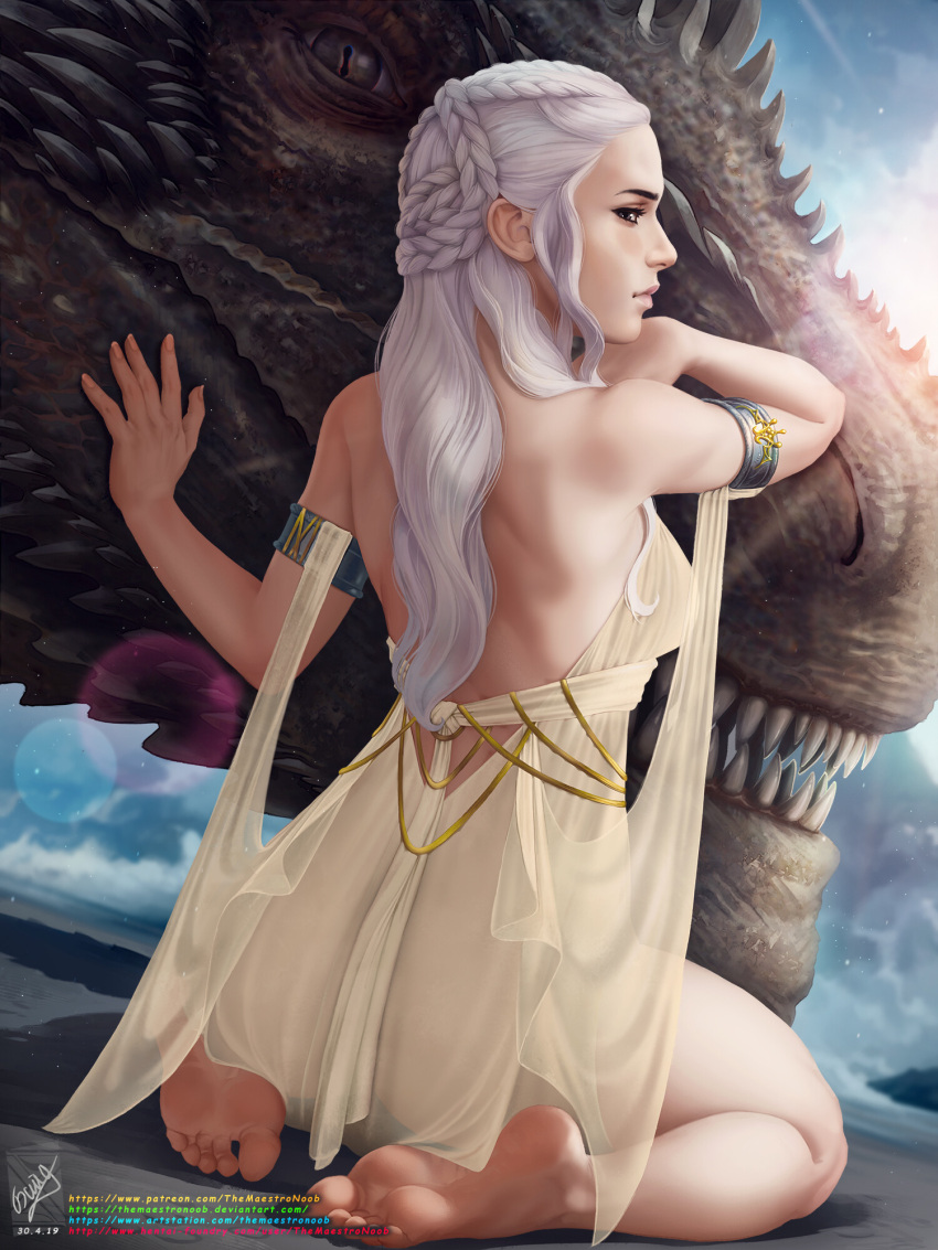 1girl, a_song_of_ice_and_fire, armlet, back, bare_back, barefoot, blue_eyes, braid