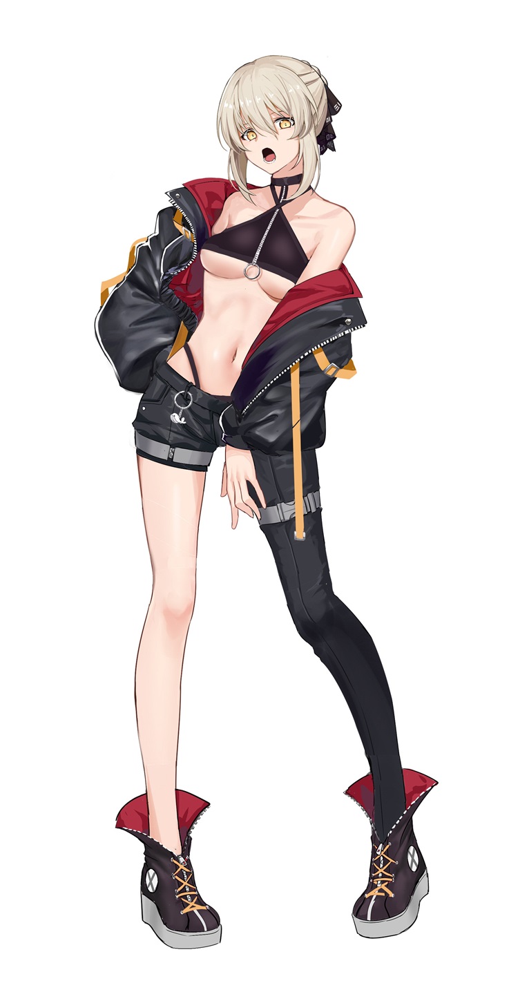 artoria_pendragon_(all), asymmetrical_clothes, black_ribbon, blonde_hair, braid, breasts, cleavage, dark_persona
