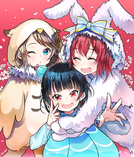 3girls, ;o, ^_^, animal_costume, animal_ears, animal_hood, artist_name, bangs, black_hair, blue_bow, blue_eyes, blush, bow, brown_gloves, brown_hair, bun_cover, bunny_costume, cherry_blossoms, child, closed_eyes, closed_eyes, cosplay, fang, fur, gloves, hair_bow, hood, hood_up, hug, hyugo, jellyfish_costume, kigurumi, kurosawa_ruby, love_live!, love_live!_sunshine!!, multiple_girls, one_eye_closed, owl_costume, rabbit_ears, red_background, red_eyes, redhead, salute, striped, striped_bow, tsushima_yoshiko, v-shaped_eyebrows, v_over_eye, watanabe_you, younger