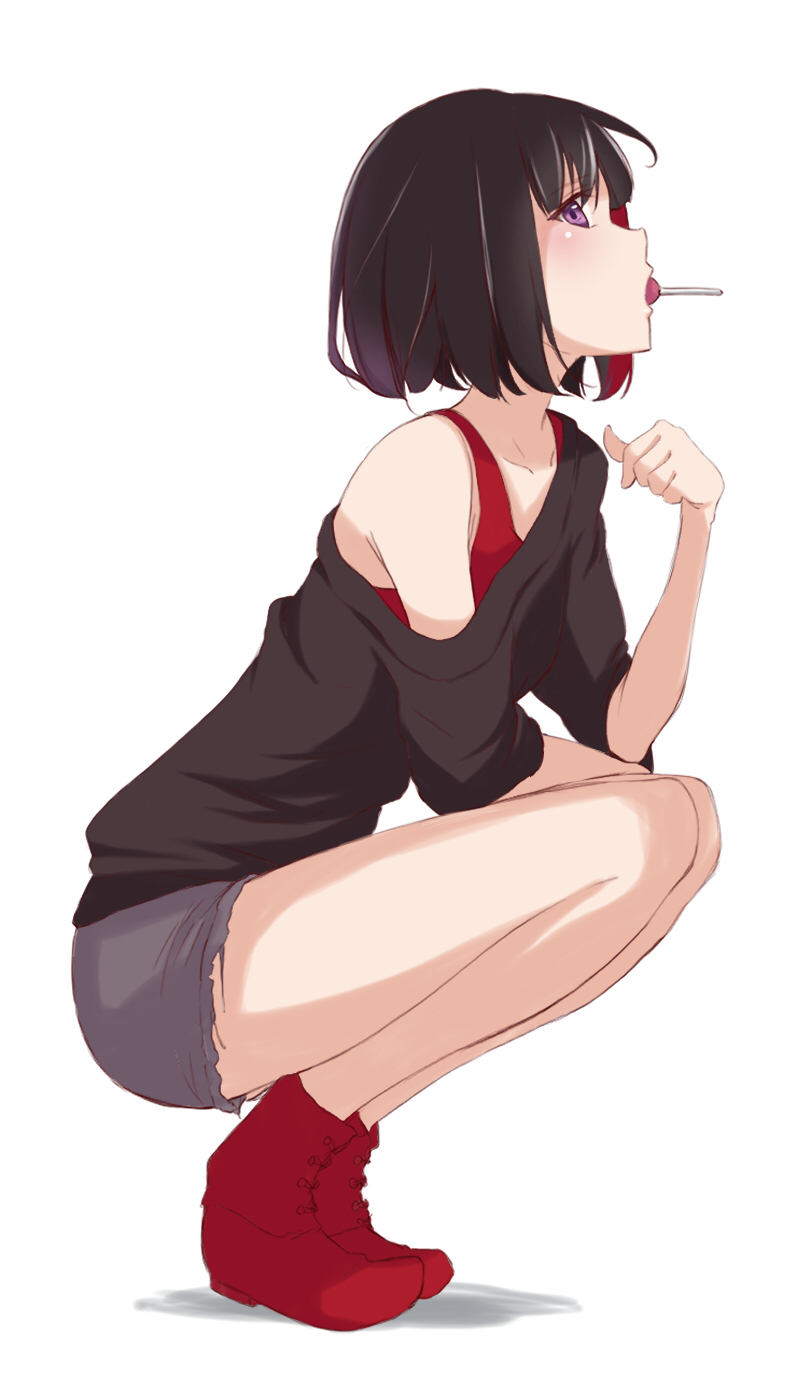 1girl, bang_dream!, bangs, black_hair, black_shirt, bob_cut, boots, candy, food, from_side, highres, lollipop, looking_at_viewer, mitake_ran, mouth_hold, multicolored_hair, off-shoulder_shirt, off_shoulder, red_footwear, red_tank_top, redhead, sakuragawa_mionoketsu, shirt, short_hair, short_sleeves, shorts, simple_background, solo, squatting, streaked_hair, violet_eyes, white_background