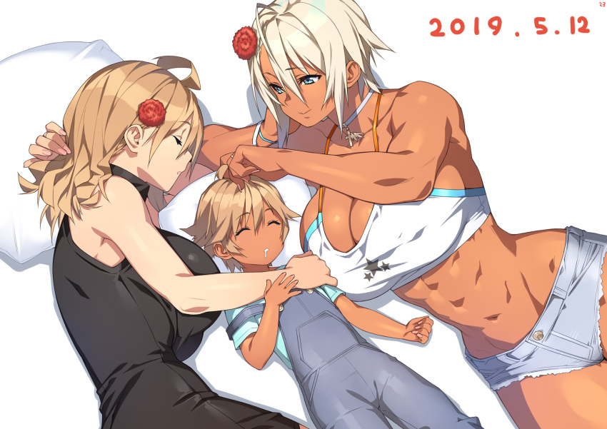 23_(real_xxiii), 3girls, ahoge_girl_(23), closed_eyes, commentary_request, dark-skinned_girl_(23), dark_skin, dated, highres, lying, mother_and_daughter, multiple_girls, muscle, muscular_female, original, pillow, rafaela_(23), wife_and_wife, yuri