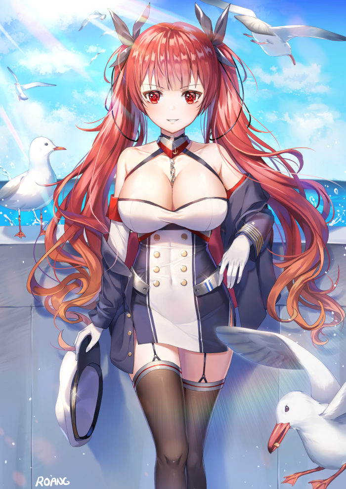 1girl, animal, artist_name, azur_lane, bare_shoulders, bird, black_jacket, blue_sky