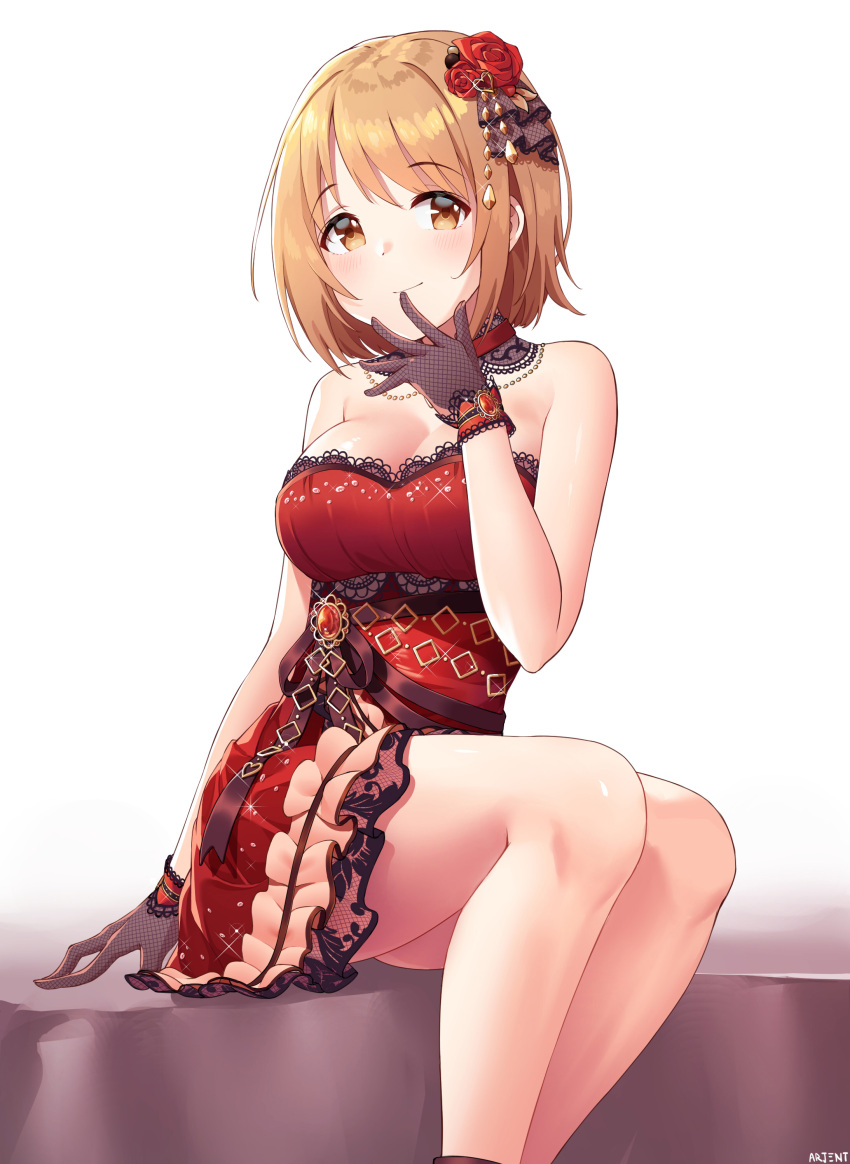 1girl, absurdres, arjent, bare_shoulders, black_gloves, black_ribbon, blush, breasts