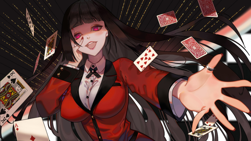 1girl, bangs, black_hair, breasts, broken_finger, card, commentary, eyebrows_visible_through_hair