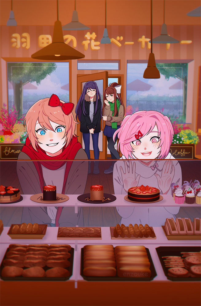 4girls, :d, against_glass, bakery, black_jacket, black_legwear, blue_eyes, blue_sky