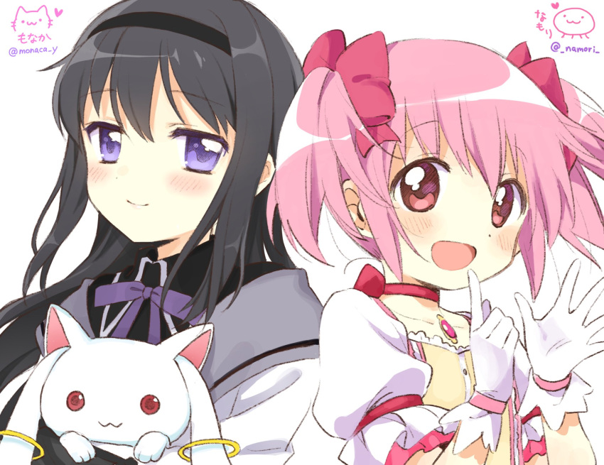 2girls, akemi_homura, artist_name, black_hair, blush, bow, closed_mouth, collaboration
