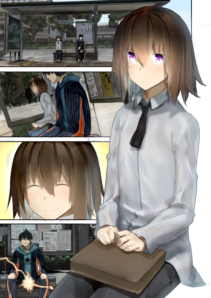 2boys, absurdres, araido_kagiri, bag, bench, black_hair, blue_eyes, building, bus_stop, cellphone, closed_eyes, comic, commentary_request, eyebrows_visible_through_hair, eyes_visible_through_hair, hair_between_eyes, highres, hood, hooded_jacket, jacket, lightning_bolt, long_sleeves, medium_hair, mr.monster_(araido_kagiri), multiple_boys, necktie, original, outdoors, phone, poster_(object), shoes, short_hair, silent_comic, sitting, smile, sneakers, star, star_print, track_jacket, trap, tree