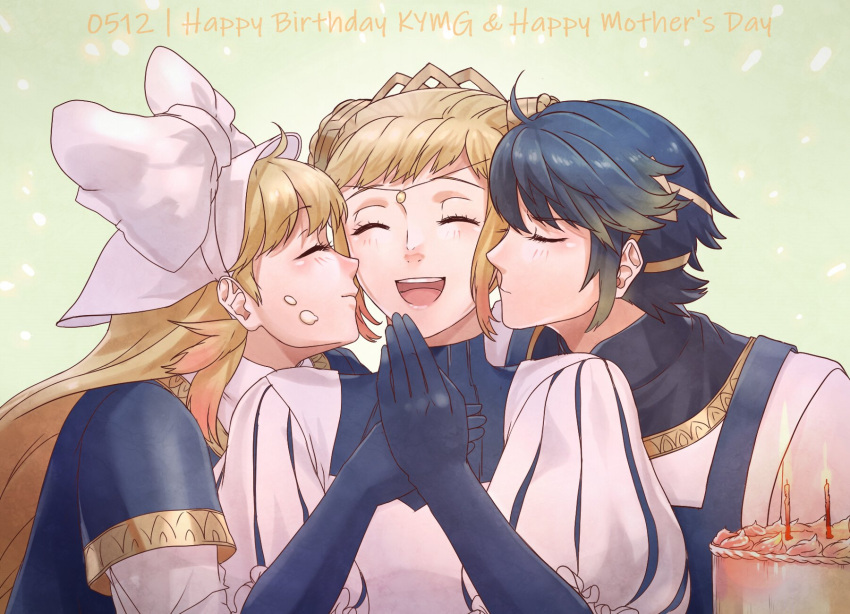 1boy, 2girls, ahoge, alfonse_(fire_emblem), alternate_costume, blonde_hair, blue_hair, blush, brother_and_sister, cake, cheek_kiss, closed_eyes, commentary, crown, double_bun, english_commentary, english_text, eyebrows_visible_through_hair, fire_emblem, fire_emblem_heroes, food, food_on_face, gloves, gradient_hair, hair_ornament, hair_ribbon, henriette_(fire_emblem), highres, kiss, long_hair, mother's_day, mother_and_daughter, mother_and_son, multicolored_hair, multiple_girls, nintendo, open_mouth, ribbon, rokusashu, sharena, short_hair, siblings, smile