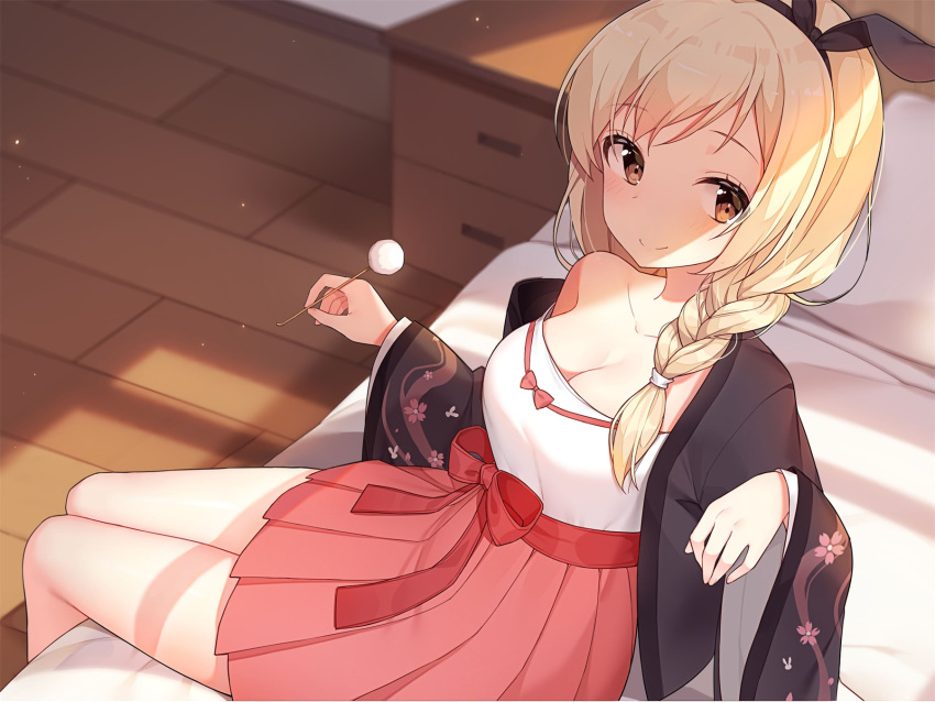 1girl, bangs, bare_shoulders, blonde_hair, blush, braid, breasts, brown_eyes
